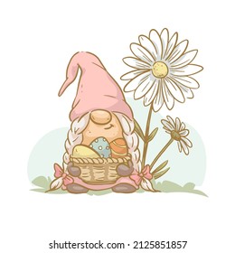 Vector Easter illustration with funny spring lady gnome and basket full of easter eggs isolated. Hand drawn sketch vintage style. For cards, invitations, prints, banners etc.