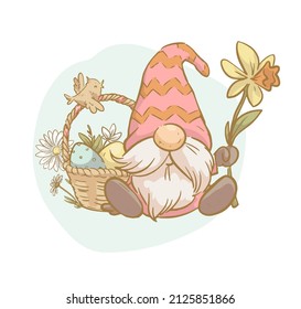 Vector Easter illustration with funny spring gnome sit with daffodil and basket full of Easter eggs isolated. Hand drawn sketch vintage style. For cards, invitations, prints, banners etc.