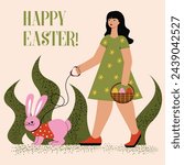 Vector Easter illustration of a girl with a pink bunny and a basket of Easter eggs. Greeting card, banner.