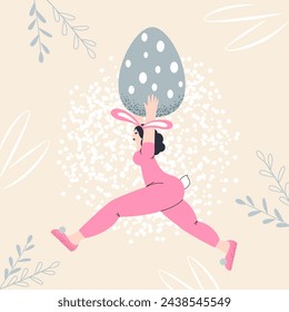 Vector Easter illustration of a girl in a pink bunny costume with an Easter egg. Greeting card, banner.