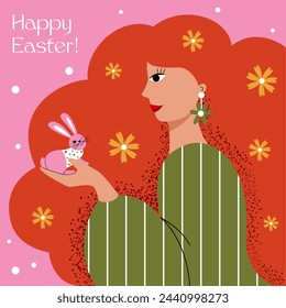 Ilustración vectorial de Pascua de una niña con un conejito rosa y pelo rojo. Tarjeta de felicitación, banner.