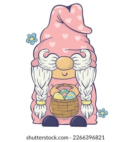 Vector easter illustration with gnome lady with a basket of easter eggs. For cards, invitations, packaging design, posters, prints