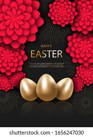 Vector Easter illustration of gold and black abstract texture. Minimalistic black background. Black paper flowers. Gold peacock feathers on a black background. Easter abstraction. Vector