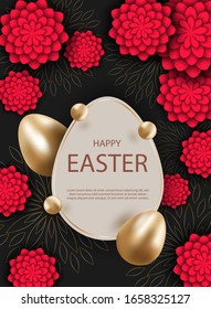Vector Easter illustration of gold and black abstract texture. Minimalistic black background. Black paper flowers. Gold peacock feathers on a black background. Easter abstraction. Vector. Vertical