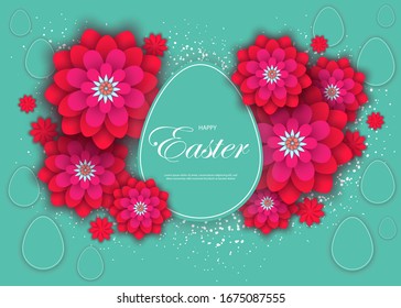 Vector Easter illustration of green abstract texture. Red paper flowers. Easter background. Easter abstraction.