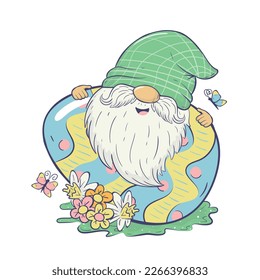 Vector Easter illustration with a happy gnome hiding behind a huge Easter egg. For cards, invitations, packaging design, posters, prints