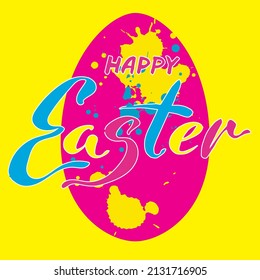 Vector easter illustration for holiday card or poster. Joyful, multicolor design with egg and lettering in bright pink, yellow, blue colors.