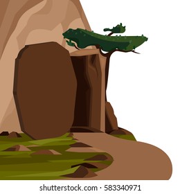 Vector easter illustration, image of nature landscape, the empty tomb, rolled-away stone.