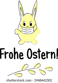 Vector Easter illustration with the inscription in German Happy Easter! Above the inscription is a masked Easter bunny. Below is a spring twig. Doodle. Illustration in gentle yellow. ENP 10.