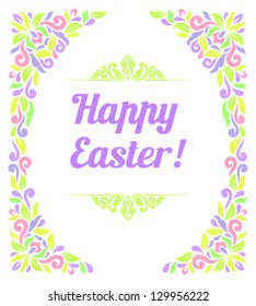 Vector Easter illustration for invitation, congratulation or greeting card. Ornamental pattern with floral elements. Egg frame with inscription: Happy Easter