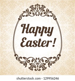 Vector Easter illustration for invitation, congratulation or greeting card. Ornamental pattern with floral elements. Egg frame with inscription: Happy Easter