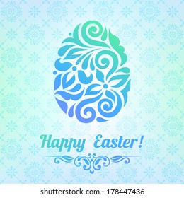 Vector Easter illustration for invitation, congratulation or greeting card.  Ornate egg and inscription: Happy Easter!