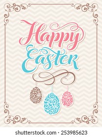 Vector Easter illustration for invitation, congratulation or greeting cards. Calligraphic inscription "Happy Easter" with ornamental eggs on vintage background