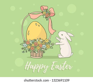Vector easter illustration with rabbit and basket with yellow egg, flower, ribbon on green background. Spring holiday celebration line art design for web, site, greeting card, poster, print