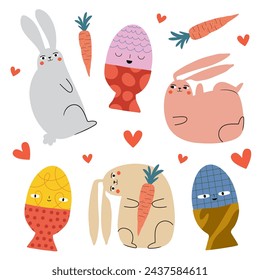 Vector Easter illustration set with rabbits, holiday colored eggs, hearts and patterns. Funny sticker collection, apparel and greeting card design templates