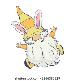 Vector Easter illustration with spring gnome jumping for happiness. For cards, invitations, packaging design, posters, prints
