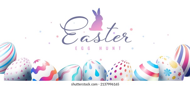 Vector easter illustration with word egg hunt and different painted eggs. Happy easter template design with bunny and decorative egg for greeting card, banner on white color background with text