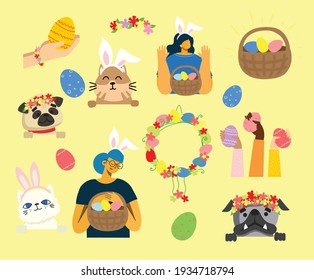 Vector Easter illustrations and hand drawn text - Happy Easter in the flat style