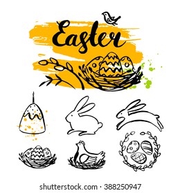 Vector Easter ink hand drawn elements and handwritten inscription. Modern calligraphy. Brush lettering. Bunny, eggs, chicken, nest, cake.