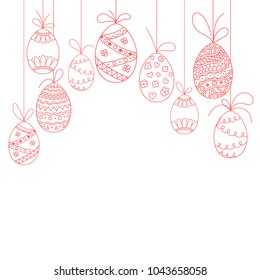 Vector Easter invitation card from three doodle Easter eggs. Hand drawing Easter template from red eggs