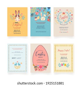 Vector Easter invitations and greeting cards with eggs, flowers, floral wreath, rabbit and typographical design on a textured background