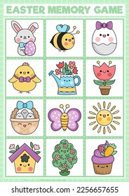 Vector Easter kawaii memory game cards with cute traditional holiday symbols. Spring holiday matching activity. Remember and find correct card. Simple garden worksheet for kids with bunny, chick
