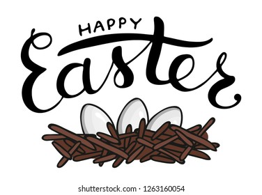 Vector Easter lettering with eggs isolated on white background. Season greeting typography. Cute hand drawn Happy Easter text. Card, invitation, banner, poster, postcard design