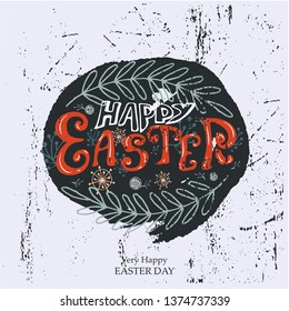Vector Easter lettering with leaves and flowers plant on a grange textured background