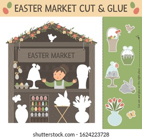 Vector Easter market cut and glue for children. Spring holiday educational activity with smiling saleswoman, bunny, bird, colored eggs in basket