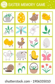 Vector Easter memory game cards with traditional holiday symbols. Matching activity with cute characters. Remember and find correct card. Simple spring printable worksheet for kids. 
