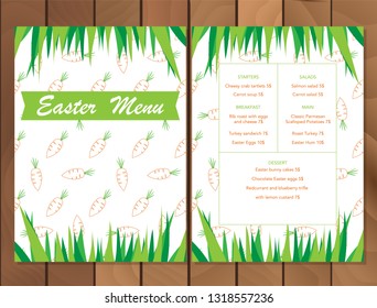 Vector Easter menu or Party Invitations and Greeting Cards with carrot pattern and green grass. Spring holiday celebration poster design template