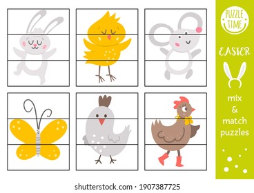 Vector Easter mix and match puzzle with traditional holiday characters. Spring cut out matching activity for preschool children. Educational printable game for kids with Bunny, hen, chicken, butterfly