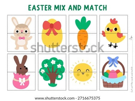Vector Easter mix and match puzzle. Matching activity for preschool kids with holiday symbols. Spring printable game with bunny, colored egg, blooming tree, carrot, chick, basket and sun
