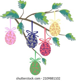 Vector - easter motiv with hand painted eggs and leaves on a twig.