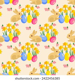 Vector - Easter motive with rabbits, dafodiles and eggs, seamless pattern.
