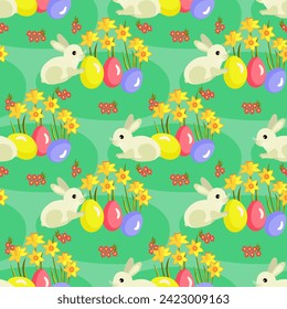 Vector - Easter motive with rabbits, dafodiles and eggs, seamless pattern.
