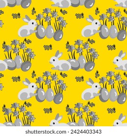 Vector - Easter motive with rabbits, dafodiles and eggs, seamless pattern.
