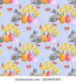 Vector - Easter motive with rabbits, dafodiles and eggs, seamless pattern.
