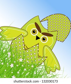 vector Easter owl rabbit sunny spring green field and blue sky