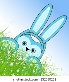 vector Easter owl rabbit sunny spring green field and blue sky