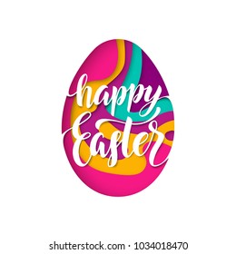Vector Easter papercut egg design. Happy Easter text lettering for holiday paper cut greeting card isolated on white background. Beautiful trend Easter iustration for poster, banner or flyer template