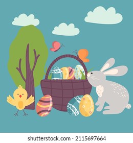 Vector Easter Party Flyer greeting card Illustration with painted eggs, rabbit on blue background. Spring holiday celebration poster design template.