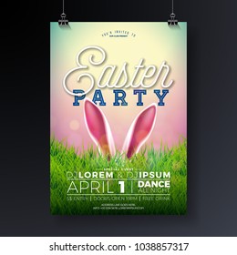 Vector Easter Party Flyer Illustration With Rabbit Ears And Typography Elements On Nature Green Grass Background. Spring Holiday Celebration Poster Design Template.