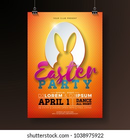 Vector Easter Party Flyer Illustration With Rabbit Ears In Cutting Egg Silhouette And Typography Elements On Orange Background. Spring Holiday Celebration Poster Design Template.