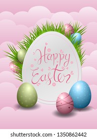 Vector Easter Party Flyer Illustration with painted eggs, rabbit ears and typography elements on nature blue background. Spring holiday celebration poster design template.