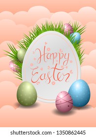 Vector Easter Party Flyer Illustration with painted eggs, rabbit ears and typography elements on nature blue background. Spring holiday celebration poster design template.