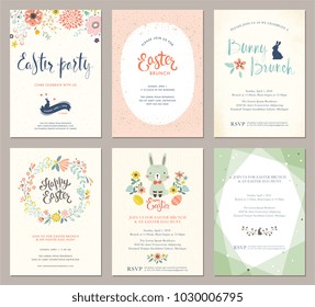 Vector Easter Party Invitations and Greeting Cards with eggs, flowers, floral wreath, rabbit and typographic design on the textured background.