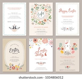 Vector Easter Party Invitations and Greeting Cards with eggs, flowers, floral wreath, rabbit and typographic design on the textured background. 