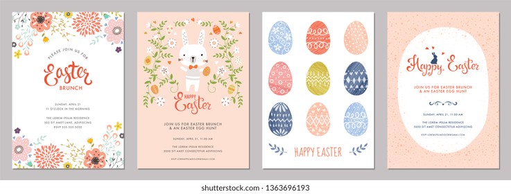 Vector Easter Party Invitations and Greeting Cards with eggs, flowers and typographic design on the textured background.
