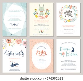 Vector Easter Party Invitations and Greeting Cards with eggs, flowers, floral wreath, rabbit and typographic design on the textured background.